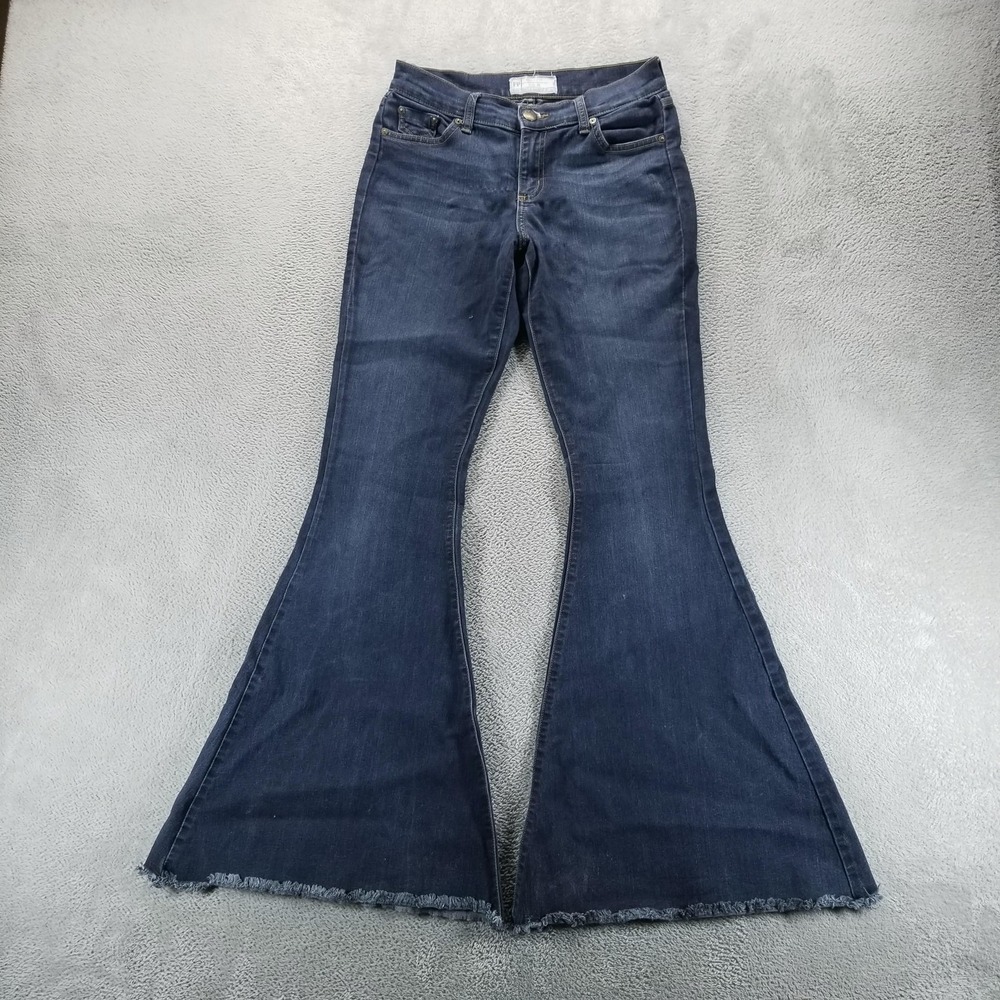 Free People Jeans Womens 28 Blue Mid Rise Flare Bell Bottoms Raw Hem Fringe Boho